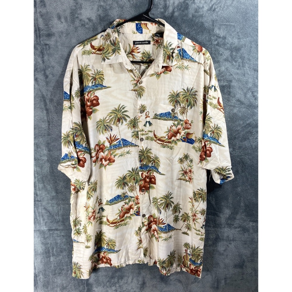 Pierre Cardin Hawaiian Shirt Men XL Hula Girls Short Sleeve Button Up Rayon Luxe